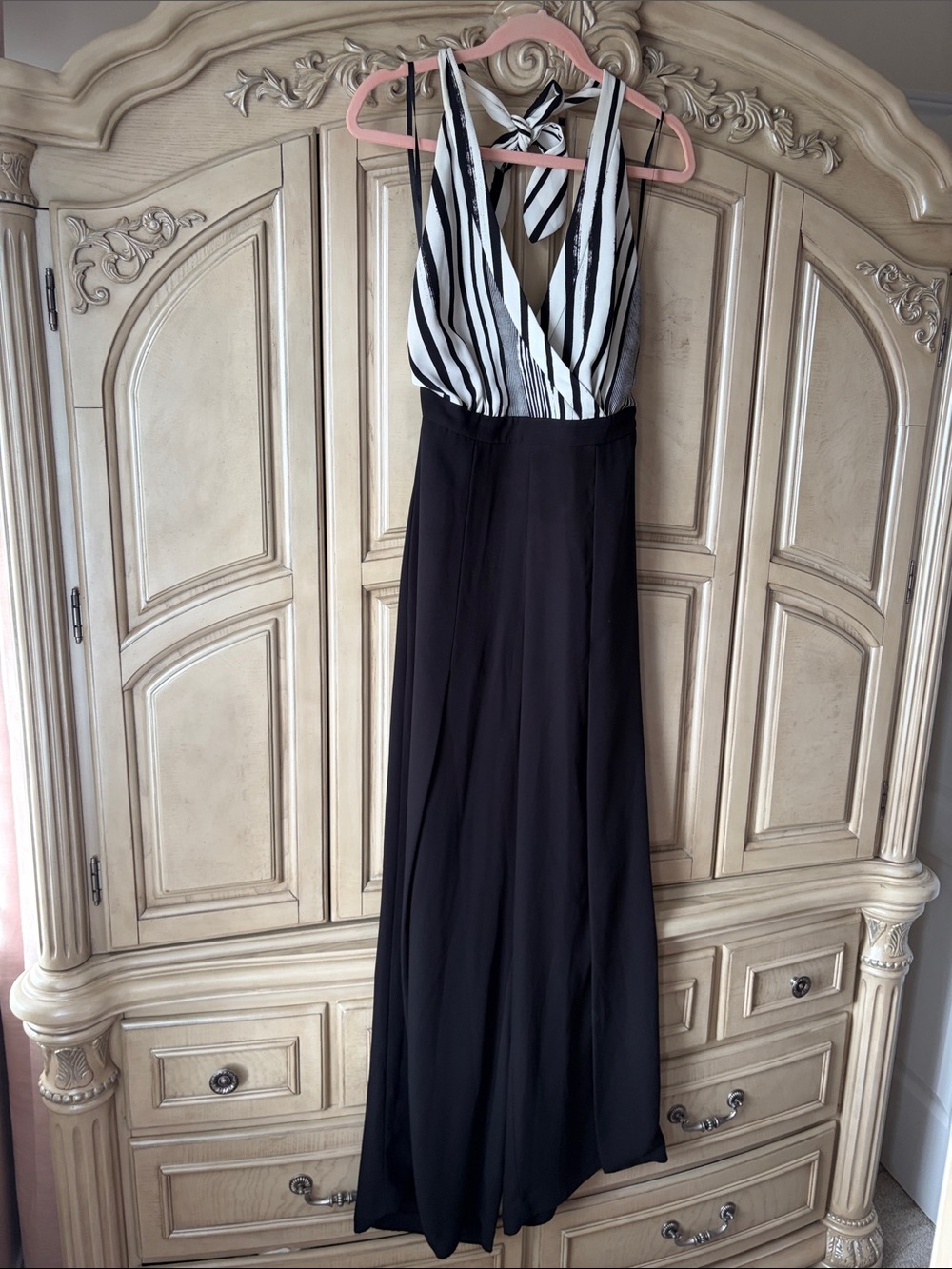BCBGMaxAzria Black Maxi Dress with Black and White Striped Halter Top